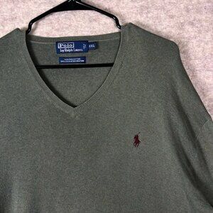 Ralph Lauren Polo Men 2XL Green Knit V Neck Sweater Pima Cotton Pullover Soft